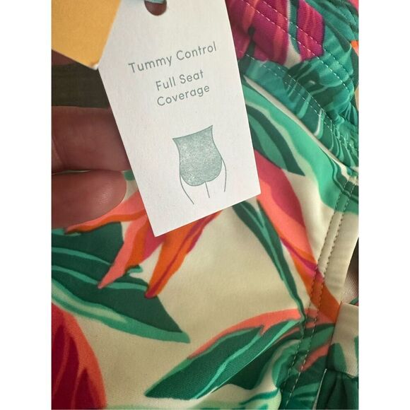 Kona Sol Pink and Green Floral One Piece Tummy Control Full Seat Coverage Swimsu - Picture 6 of 6